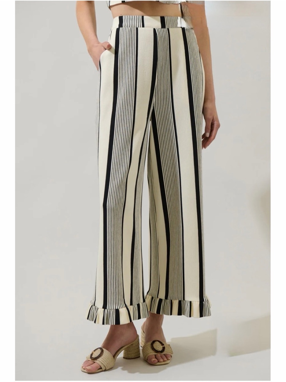 Sugar Lips Devra Club Striped Wide-Leg Ruffle-Hem Pants - Black & Cream